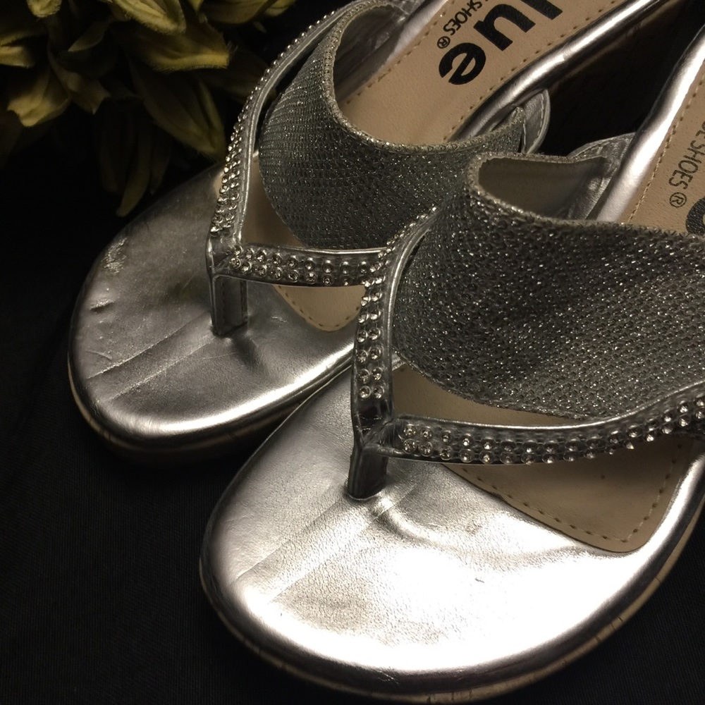 Blue, Blue Suede Shoes-Silver Wedge Sandals-Size:3 - Picture 3 of 7